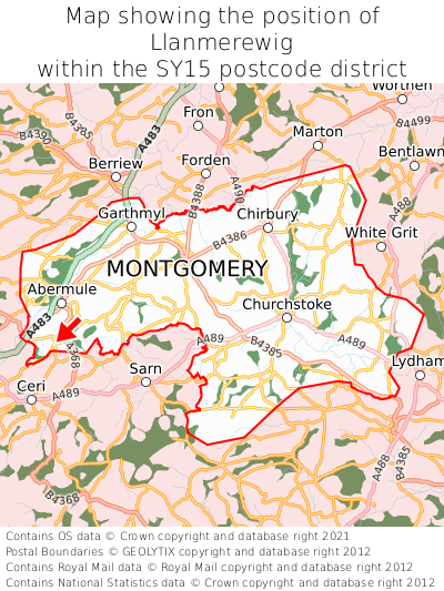 Map showing location of Llanmerewig within SY15