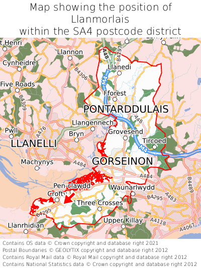 Map showing location of Llanmorlais within SA4