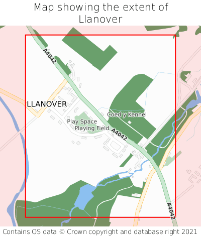 Map showing extent of Llanover as bounding box