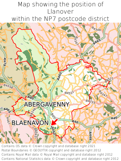 Map showing location of Llanover within NP7