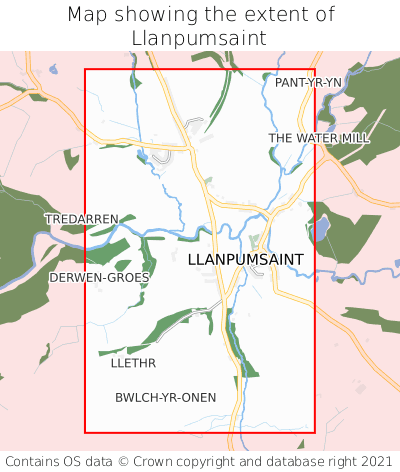 Map showing extent of Llanpumsaint as bounding box