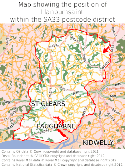 Map showing location of Llanpumsaint within SA33