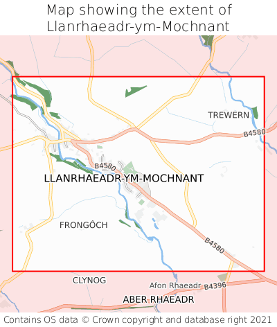 Map showing extent of Llanrhaeadr-ym-Mochnant as bounding box