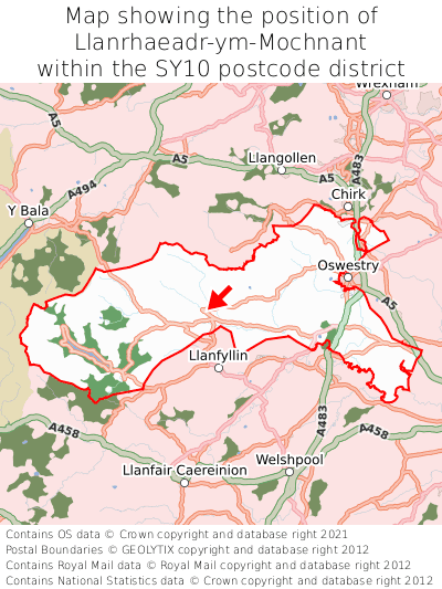 Map showing location of Llanrhaeadr-ym-Mochnant within SY10