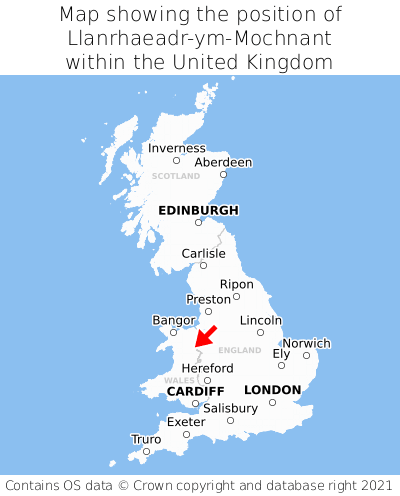 Map showing location of Llanrhaeadr-ym-Mochnant within the UK