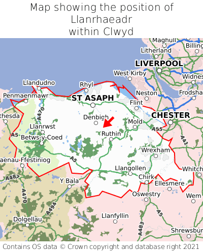 Map showing location of Llanrhaeadr within Clwyd