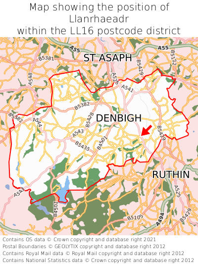 Map showing location of Llanrhaeadr within LL16