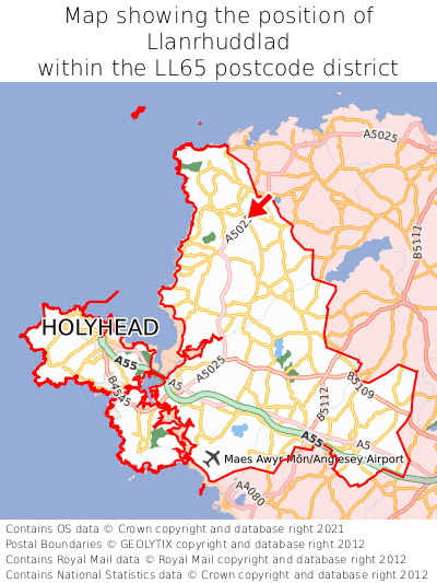 Map showing location of Llanrhuddlad within LL65