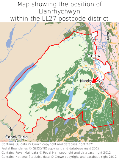 Map showing location of Llanrhychwyn within LL27