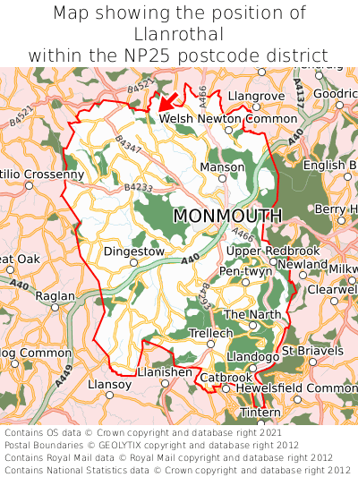 Map showing location of Llanrothal within NP25