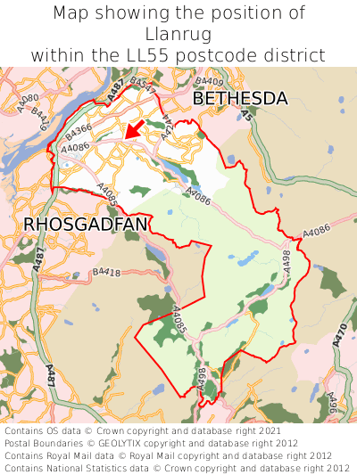 Map showing location of Llanrug within LL55