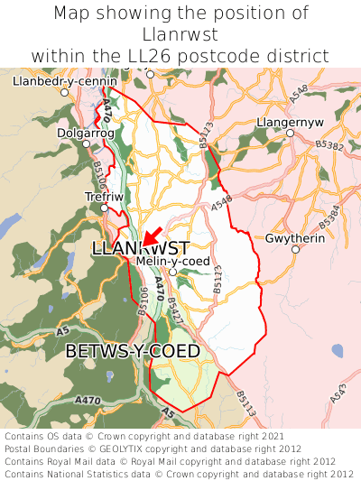 Map showing location of Llanrwst within LL26