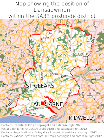 Map showing location of Llansadwrnen within SA33