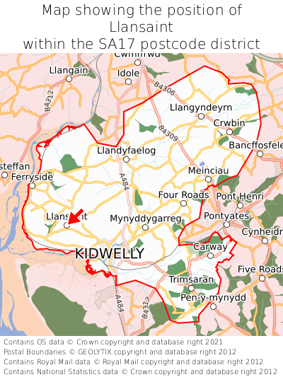 Map showing location of Llansaint within SA17