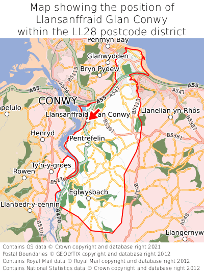Map showing location of Llansanffraid Glan Conwy within LL28