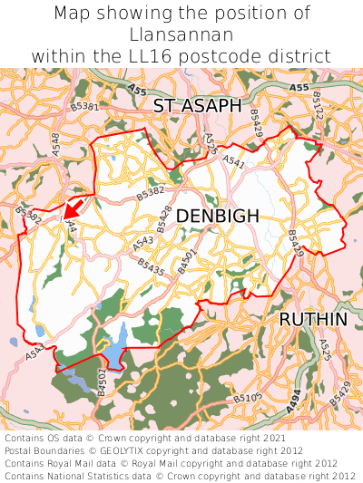Map showing location of Llansannan within LL16