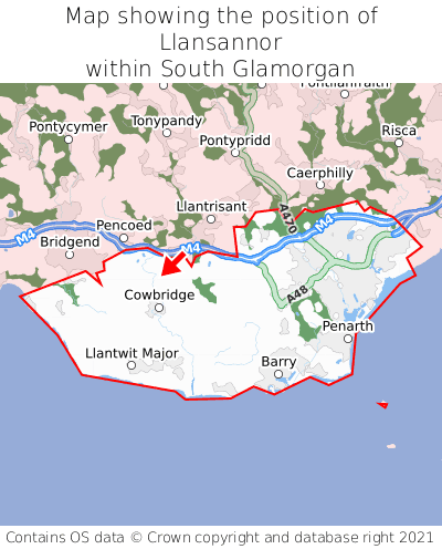 Map showing location of Llansannor within South Glamorgan