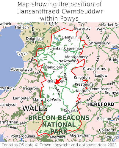 Map showing location of Llansantffraed-Cwmdeuddwr within Powys