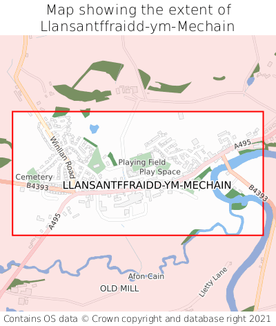 Map showing extent of Llansantffraidd-ym-Mechain as bounding box