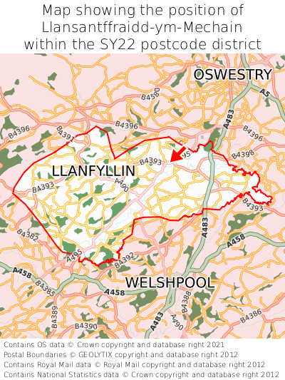 Map showing location of Llansantffraidd-ym-Mechain within SY22