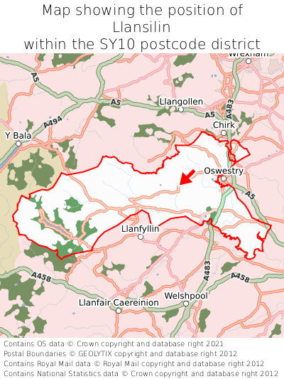 Map showing location of Llansilin within SY10