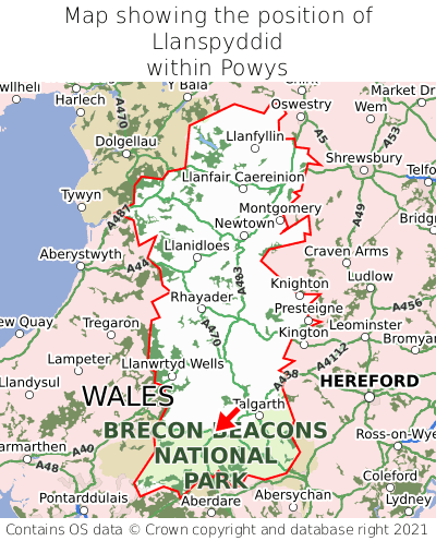Map showing location of Llanspyddid within Powys
