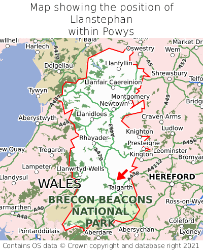 Map showing location of Llanstephan within Powys