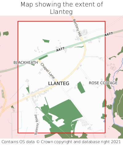 Map showing extent of Llanteg as bounding box