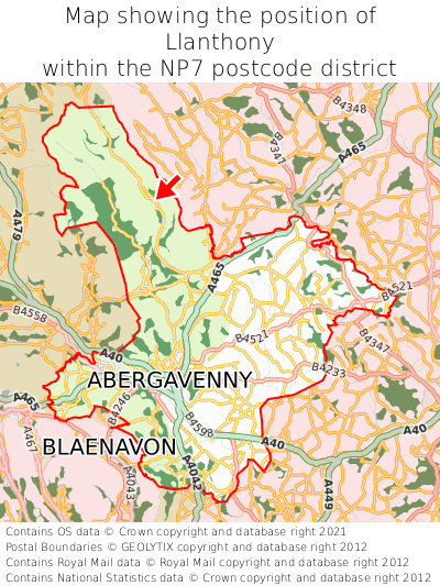 Map showing location of Llanthony within NP7