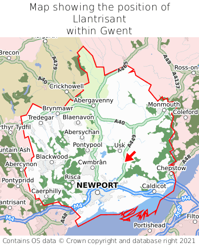Map showing location of Llantrisant within Gwent