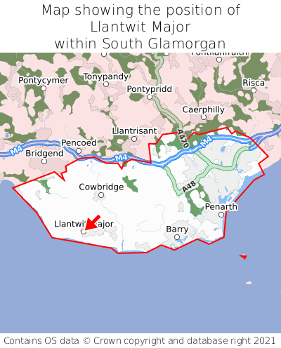 Map showing location of Llantwit Major within South Glamorgan