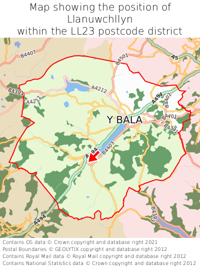 Map showing location of Llanuwchllyn within LL23