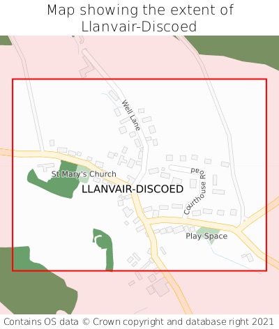 Map showing extent of Llanvair-Discoed as bounding box
