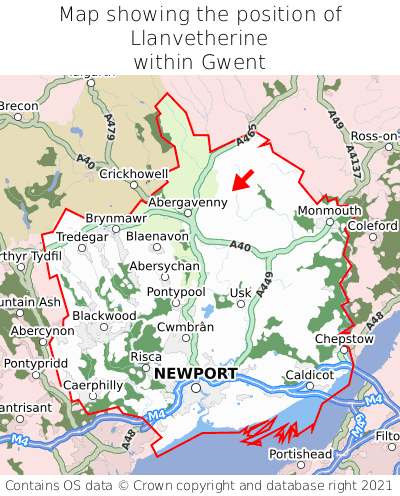 Map showing location of Llanvetherine within Gwent