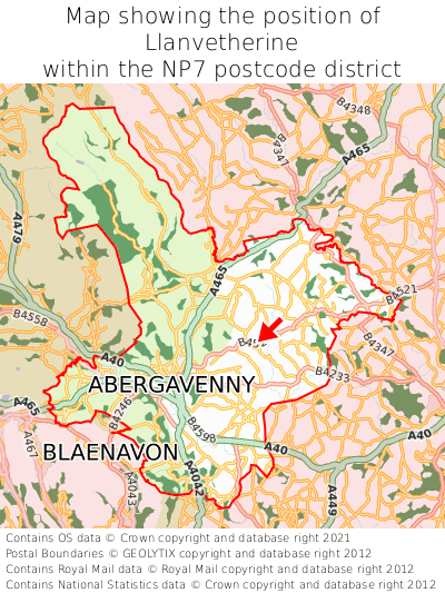 Map showing location of Llanvetherine within NP7