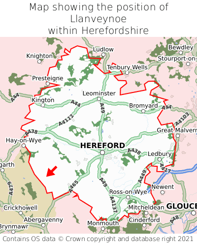 Map showing location of Llanveynoe within Herefordshire