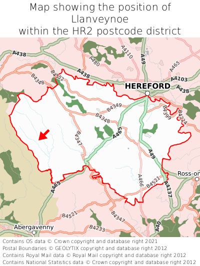 Map showing location of Llanveynoe within HR2