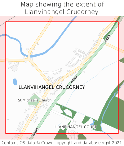 Map showing extent of Llanvihangel Crucorney as bounding box