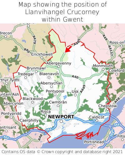 Map showing location of Llanvihangel Crucorney within Gwent