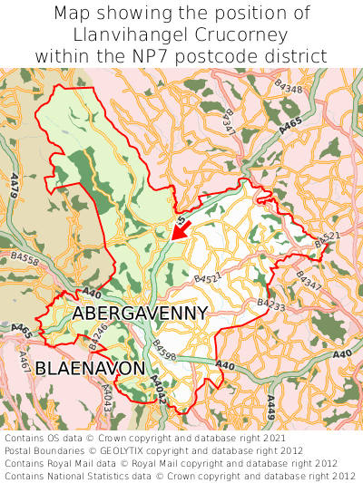 Map showing location of Llanvihangel Crucorney within NP7