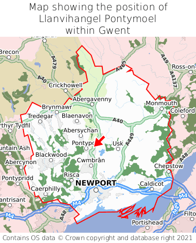 Map showing location of Llanvihangel Pontymoel within Gwent