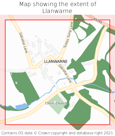 Map showing extent of Llanwarne as bounding box