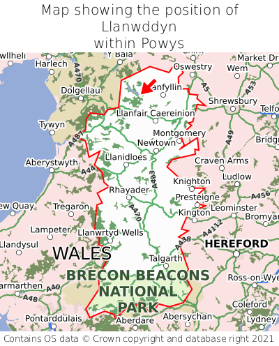 Map showing location of Llanwddyn within Powys