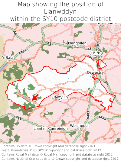 Map showing location of Llanwddyn within SY10
