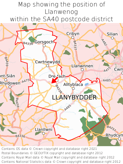 Map showing location of Llanwenog within SA40