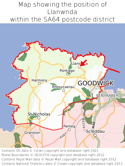 Map showing location of Llanwnda within SA64