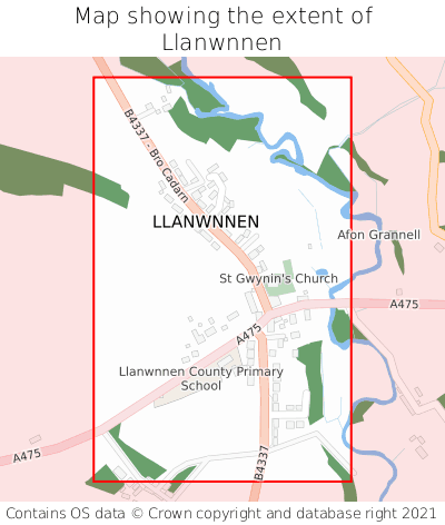 Map showing extent of Llanwnnen as bounding box