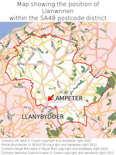 Map showing location of Llanwnnen within SA48