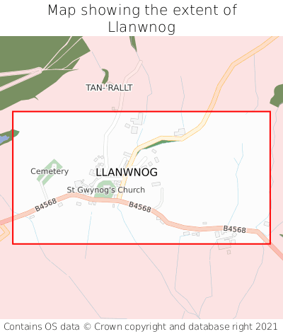Map showing extent of Llanwnog as bounding box