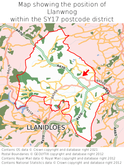 Map showing location of Llanwnog within SY17